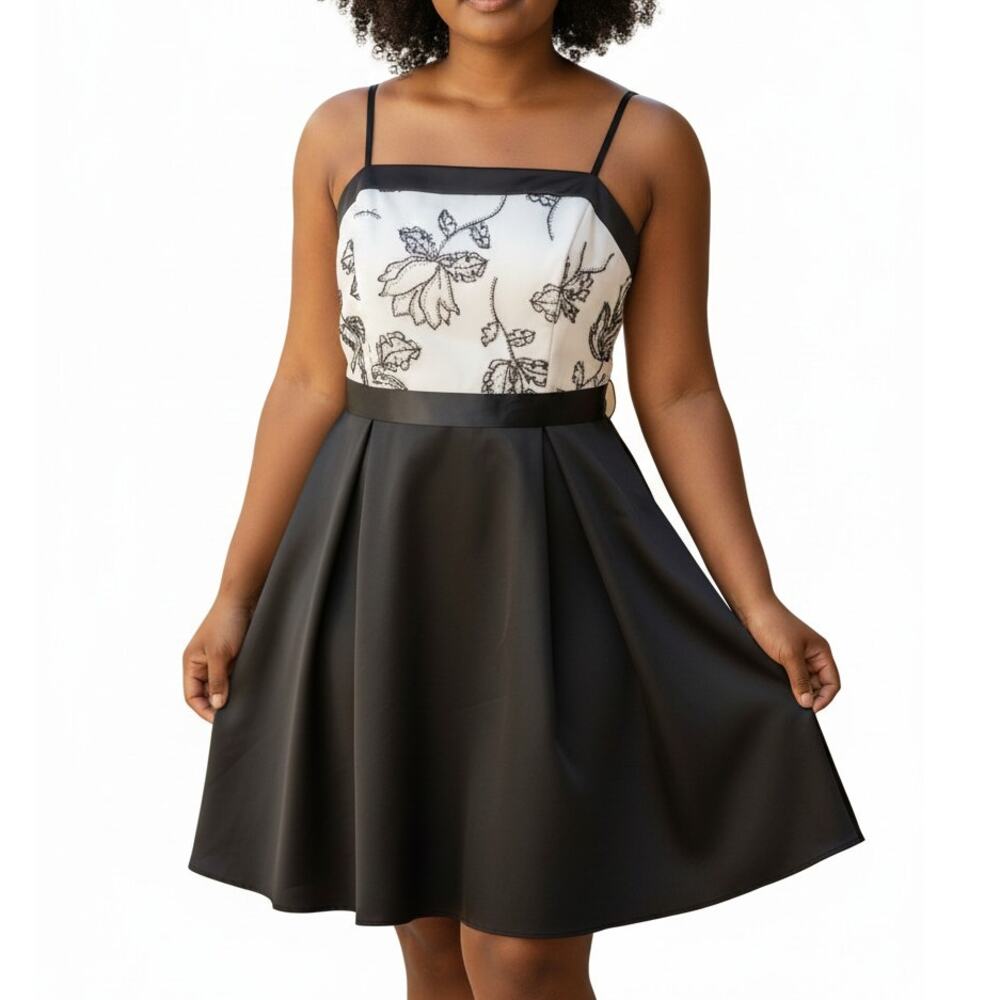 Jessica Howard Petite Black White Floral Evening Dress Size 12P Y2K Satin Midi